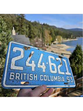 1963 British Columbia License Plate Canada 244 621 Blue, Patina